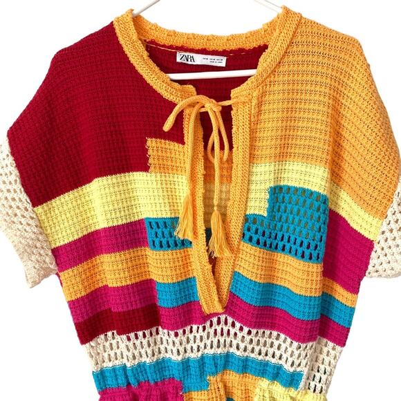 Zara Crochet Multicolor Open Neck Pink Blue Granny Romper medium - Picture 2 of 10